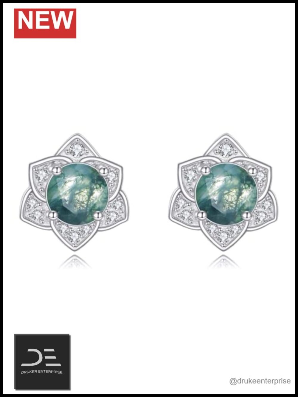 Sterling Silver Moss Agate Stud Earrings Vintage Women Jewelry